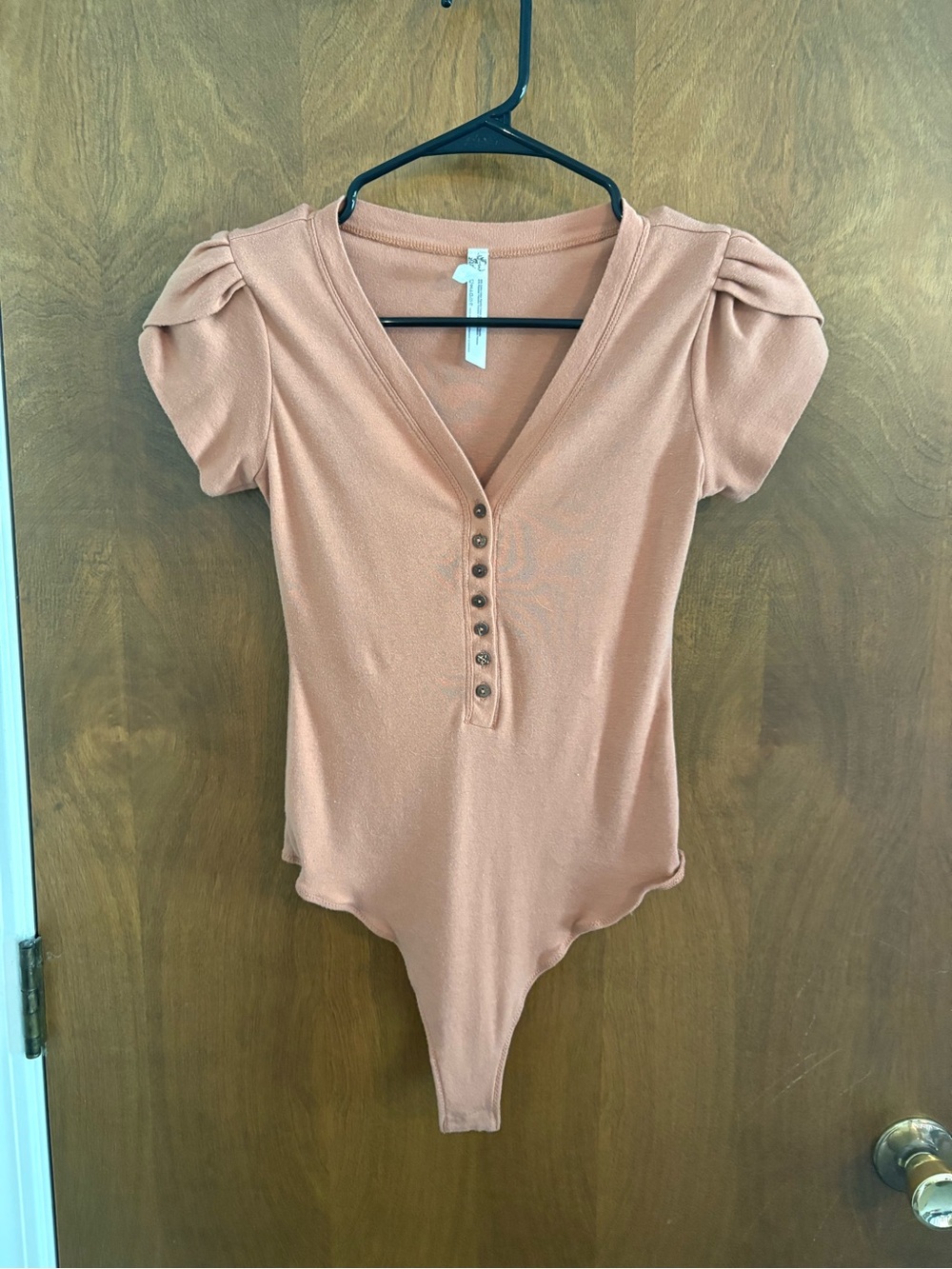 Rusty Peach Button-Front Puff Sleeve FreePeople Bodysuit